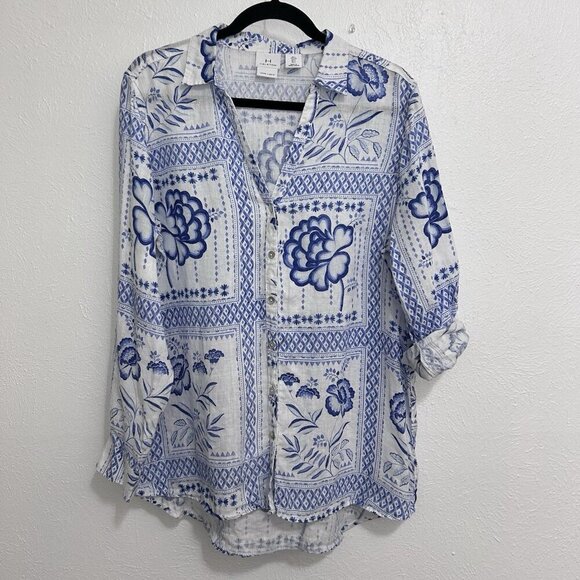 H by Halston 100% Linen Tunic Shirt Blouse Bright White Blue Artsy Floral Sz L - Picture 6 of 11